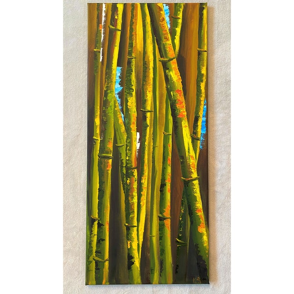 Peinture sur bambou Art original bambou peinture abstraite plantes art empâtement huile sur toile empâtement art moderne arbre peinture art mural floral