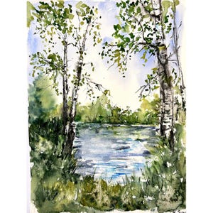 Betulle Dipinto Arte Originale Foresta di Betulle Dipinto Alberi Estivi Dipinto Acquerello Fiume Dipinto Alberi Arte Murale Paesaggio Estivo