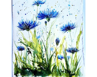 Cornflowers Painting Original Art Blue Flowers Painting Cornflowers Art Artwork Floral Painting Watercolor Beautiful Blue Flowers Wall Art