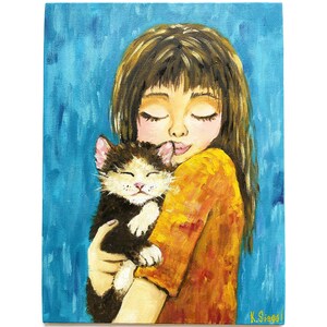 Peinture à l'huile originale pour enfants, peinture pour fille avec chat, peinture pour petite fille, peinture pour chaton, peinture pour enfants, peinture pour enfants, peinture pour fille et chaton