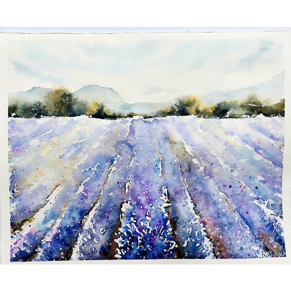 Peinture originale de champ de lavande, peinture Provence, oeuvre de champ de lavande violette, peinture de paysage lavande, art provençal, aquarelle