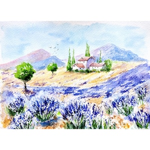 Lavender Field Painting Original Art Provence Painting Mountains Landscape Artwork Lavender Landscape Painting Provence Art Watercolor Art