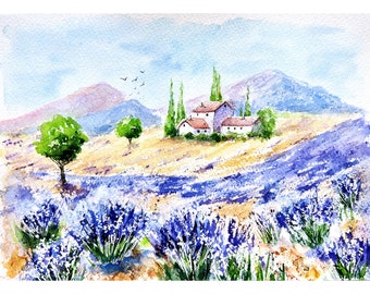 Lavender Field Painting Original Art Provence Painting Mountains Landscape Artwork Lavender Landscape Painting Provence Art Watercolor Art