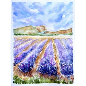 Lavender Field Art Original Art Provence Painting Mountains Landscape Artwork Lavender Landscape Painting Provence Art Watercolor Artwork