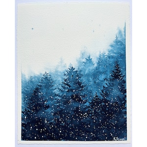 Pini Dipinti Arte Originale Alberi di Natale Dipinti Pini Arte Paesaggio Invernale Foresta Nebbiosa Dipinti Acquerello Pittura Invernale