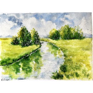 Pittura di paesaggio estivo Arte originale Pittura di fiume Alberi Paesaggio Arte ad acquerello Pittura di prato Paesaggio fluviale Riflesso nell'acqua Arte