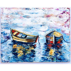 Boats Painting Sailboats Painting Original Oil Painting Seascape Fishing Boats Painting Fishing Boats Art Reflection On Water Art Seascape