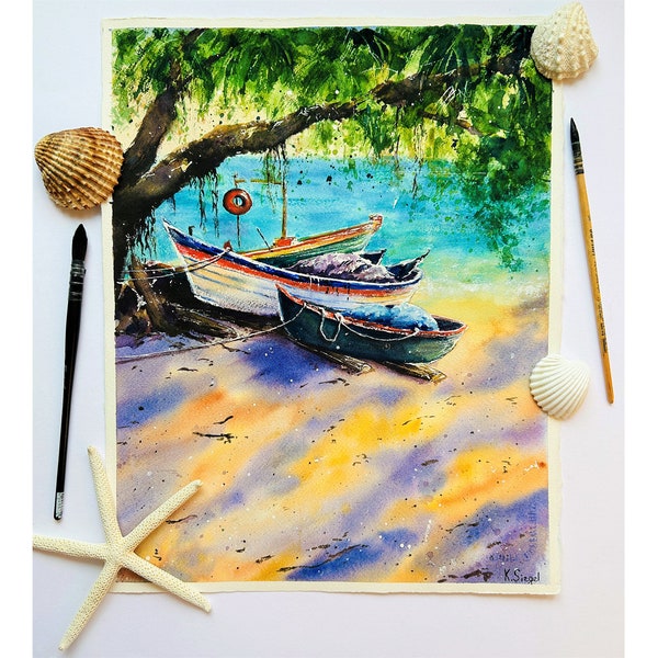 Peinture tropicale peinture originale paysage marin bateaux de pêche art mural palmiers peinture plage tropicale peinture océan peinture aquarelle