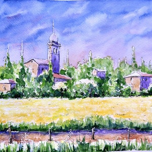 Small City Painting Original Art Rural Landscape Art Houses Painting Chapel Painting European Cityscape Village Wall Art Watercolor Painting