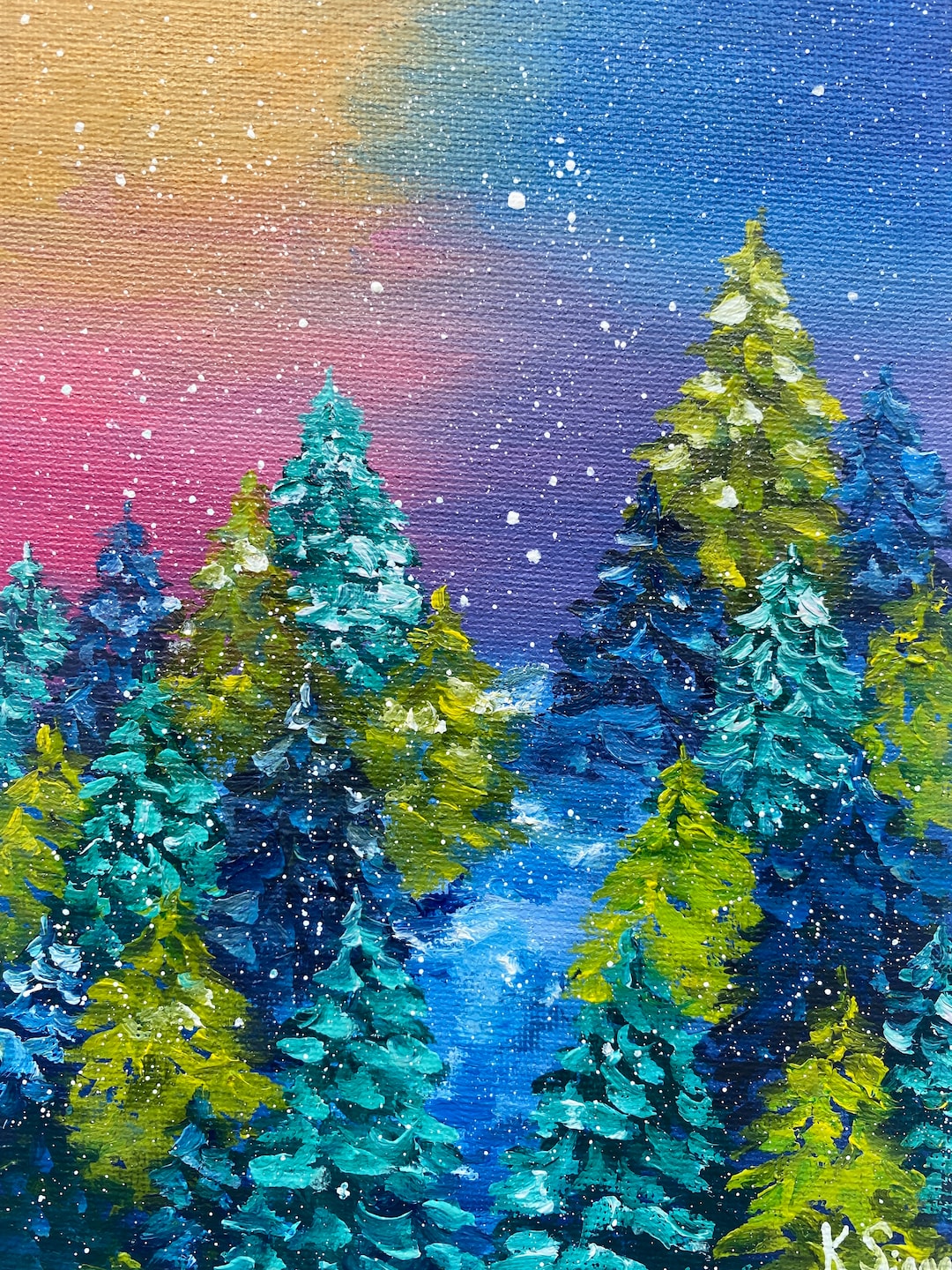 Christmas Trees Painting Winter Landscape Snow Mountains Painting Small