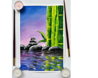 Bamboo Painting Original Art Japanese Art Pond Painting Sea Pebbles Art Asian Meditation Art Zen Painting Bamboo Wall Art Gouache Painting