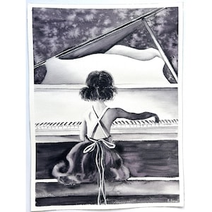 Ragazza al pianoforte, dipinto di bambina che suona il pianoforte, acquerello, ragazza che dipinge uno strumento musicale, dipinto di bambino che suona il pianoforte, musica, arte