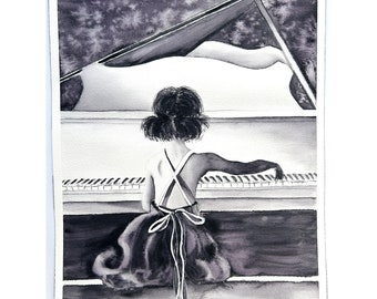 Fille au piano peinture petite fille jouant du piano art aquarelle fille peinture instrument de musique peinture enfant jouant du piano musique art