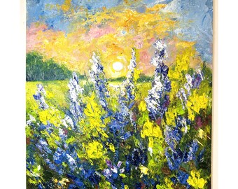 Wilde Blumen Malerei Blumen Feld Gemälde Originale Ölgemälde Wilde Blumen Kunst Sonnenuntergang Malerei Kleine Landschaft Field Art 10x8 Landschaft