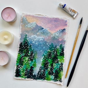 Alberi di Natale Pittura Inverno Paesaggio Neve Montagne Pittura Piccolo Acquerello Pittura Originale Acquerello Inverno Pittura Regalo di Natale