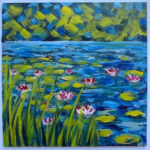 Water Lillies Painting Water Lilly Painting Flowers Painting Pond Painting Beautiful Water Lillie Painting Textured Oil Painting Impasto Art