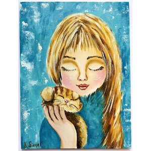 Peinture à l'huile originale pour enfants, peinture fille avec chat, peinture petite fille, art chaton blanc, art pour enfants, peinture pour enfants, art fille et chaton