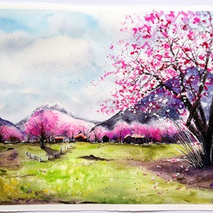 Sakura Painting Original Art Cherry Blossom Painting Blossom Tree Painting Spring In Japan Painting Sakura Art Original Watercolor Landscape