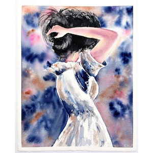 Ragazza romantica che dipinge, pittura ad acquerello originale, ragazza in abito, pittura figurativa, bella ragazza che dipinge, ragazza con capelli neri