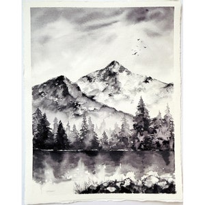 Montagne Dipinti Alberi Originali Dipinti Montagne Dipinti Paesaggi Lago Arte Bianco e Nero Dipinti Lago Foresta Dipinti Acquerello