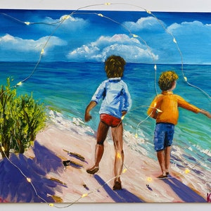 Children Beach Painting Beach People Art Kids Art Two Boys Artwork Playing Children Painting Original Art Beach Artwork Seascape Painting