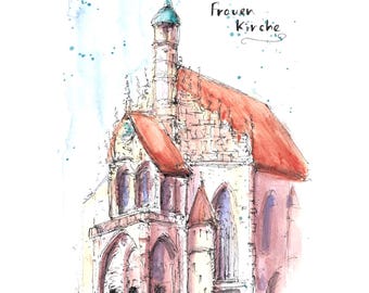 Nuremberg Painting Nuremberg Print Germany City Sketch Nuremberg Art German Architecture Print Bavaria Art Church OF Our Lady Nuremberg Art