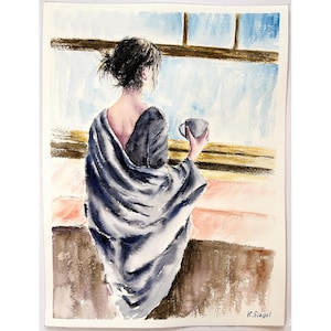 Ragazza romantica che dipinge Arte originale Ragazza con caffè Arte Bella donna che dipinge Tazza da caffè Arte Donna che dipinge Arte figurativa Arte romantica