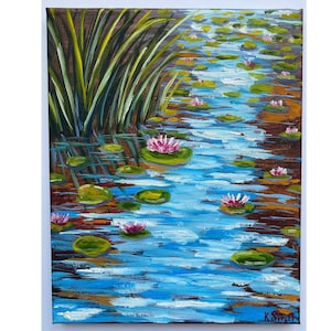 Water Lilies Painting Water Lilly Painting Flowers Painting Pond Painting Beautiful Water Lilies Painting Textured Oil Painting Impasto Art