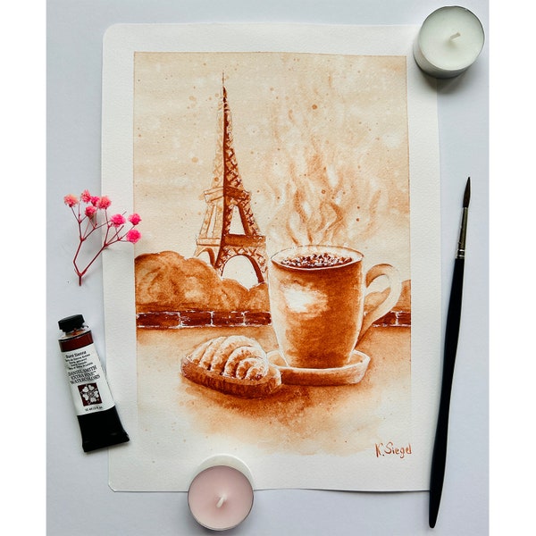 Kaffee Malerei Original Kunst Croissant Malerei Paris Malerei Kaffeetasse Kunst Frankreich Malerei Eiffelturm Malerei Kaffeetasse Kunstwerk Paris