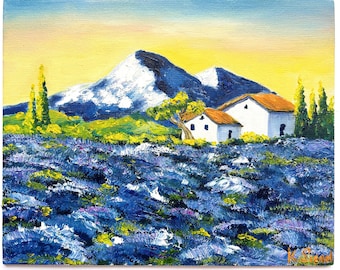 Champ de lavande, peinture originale, art mural Provence, paysage de montagnes, paysage lavande, paysage provençal, texturé, peinture à l'huile, montagnes