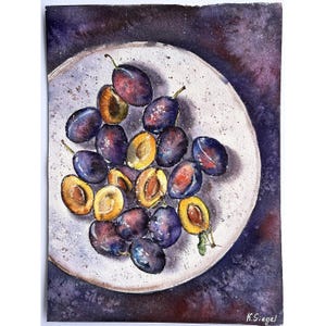 Prugne Dipinto Frutta Arte Originale Acquerello Arte Prugne Arte Frutta Natura Morta Arte Cucina Cibo Arte Murale Natura Morta Originale Frutta Autunnale Arte