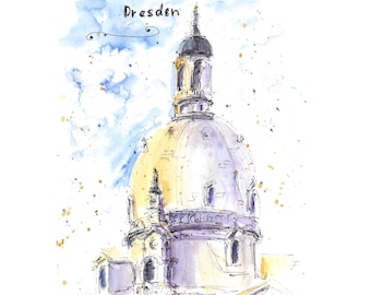 Dresden Print Dresden Cityscape Watercolor Art Dresden City Sketch Church Of Our Lady Art German Architecture Print Original Urban Poster