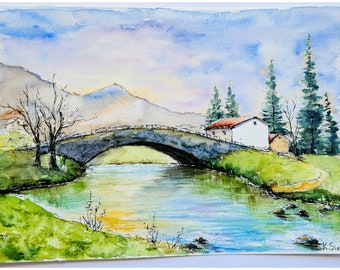 Rivierlandschap schilderij originele kunst stenen brug schilderij natuur schets kunst bergen schilderij huis kunst natuur kunst aquarel landschap