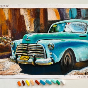 May include: Pastel artwork of a vintage turquoise car with a yellow "CUBA" license plate. The car is parked on a sandy street with a blurred background of buildings. The artwork is signed "K.S." and titled "Mi Trintes Touch".