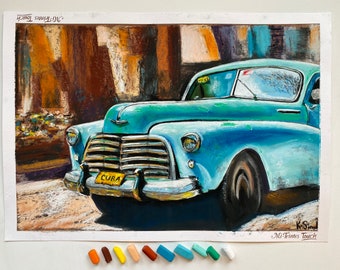 Kuba Auto Gemälde Retro Auto Gemälde Kuba Wand Kunst Original Kunst Karibik Wand Kunst Retro Stil Kunst Auto Wand Dekor Karibik Traum