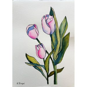 Tulipes, peinture, fleurs, tulipes roses, fleurs, fleurs, printemps, fleurs, peinture, aquarelle, tulipes, art, floral, mur, art, original