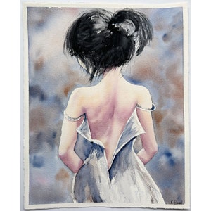 Dipinto di ragazza romantica, arte originale, ragazza in abito, dipinto figurativo, bella ragazza, arte, ragazza con capelli neri, donna, ragazza giovane