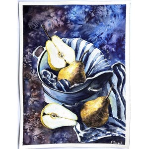 Dipinto di pere, frutta, arte, acquerello originale, pere, arte, natura morta di frutta, arte della cucina, cibo, arte murale, natura morta originale, strisce, asciugamano