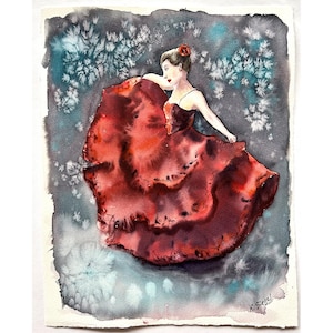 Tango Dancer Painting Flamenco Dancer Painting Dancer Art Original Watercolor Dancing Girl Painting Woman In Red Dress Painting Dance Art