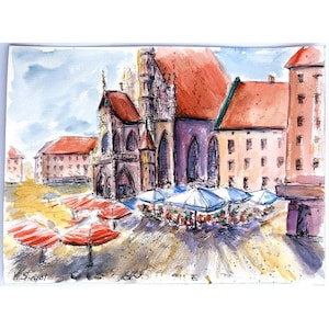 Nuremberg Painting Original Art Germany Art Cityscape Wall Art Watercolor Church OF Our Lady Nuremberg Art Architecture Nuremberg Bavaria