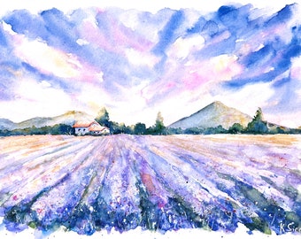 Lavender Field Print Provence Art Lavender Art Lavender Landscape Print Mountains Print Field Watercolor Landscape Poster Lavender Flowers
