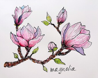 Magnolie Malerei Original Art Rosa Magnolie Blumen Malerei Blumen Wandkunst Frühlingsblumen Malerei Aquarell Blumenkunst Magnolie Kunst