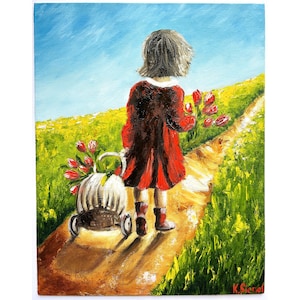 Girl Painting Kids Original Art Girl With Flowers Painting Little Girl Art Girl With Tulips Art Kids Artwork Children Painting People Art