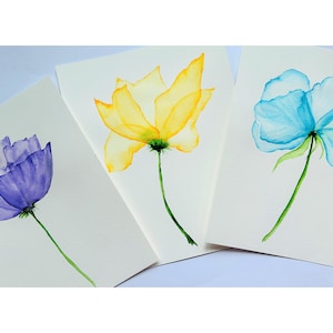 May include: Three watercolor paintings of flowers. The first flower is purple, the second is yellow, and the third is blue.
