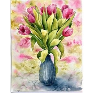 Tulpenmalerei Tulpen in einer Vase Kunst Frühlingsblumen Malerei Rosa Tulpen Kunst Rosa Tulpen Kunst Aquarell Tulpen Blumenwandkunst Originalkunst
