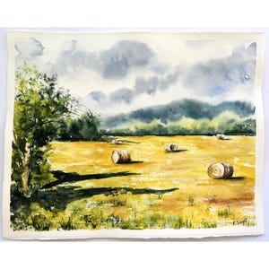Haystacks Painting Field Painting Summer Landscape Art Landscape Field Original Watercolor Hay Painting Hay Painting Art Landscape Painting