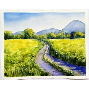 Meadow Painting Path In The Field Painting Watercolor Original Art Landscape Painting Mountains Landscape Art Trees Landscape Meadow Artwork