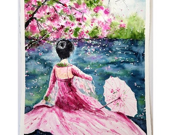 Geisha pittura Sakura pittura originale arte fiori di ciliegio pittura Geisha arte Giappone parete arte giapponese Sakura opera d'arte paesaggio arte asiatica
