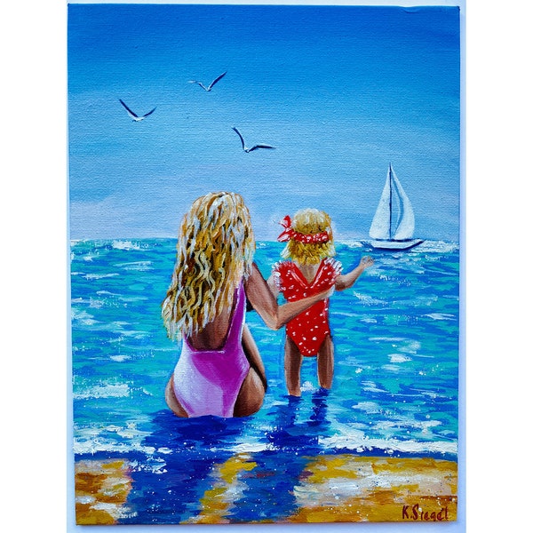 Mother Daughter Painting Family Painting Mom Child Art Painting Figure Painting Beach People Painting Original Oil Painting Beach Artwork