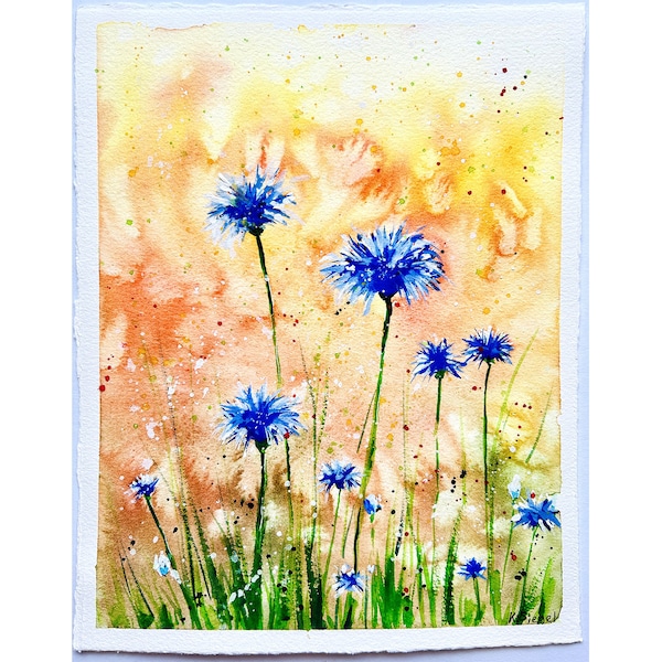 Fiordalisi pittura arte originale fiori di campo parete Ar fiori blu pittura fiordalisi arte opera pittura floreale acquerello prato arte